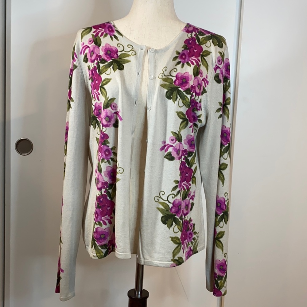Talbots Silk & Camel Hair Floral Cardigan Size L